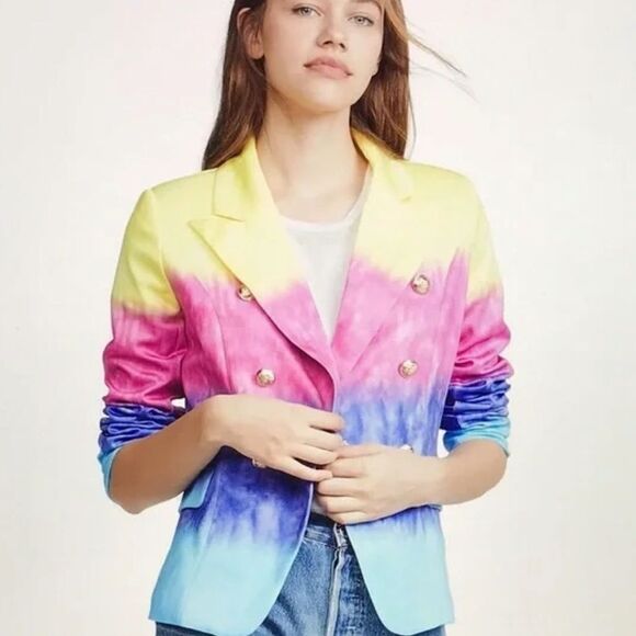 Tie Dye Blazer LIKE NEW Jacket - Gold Buttons - Size Small - Yellow Pink Blue - Picture 1 of 5